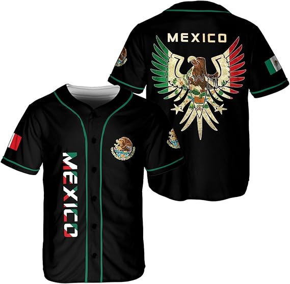 Black Mexico baseball jersey with tricolor eagle wings, Mexican flag design and bold vertical lettering