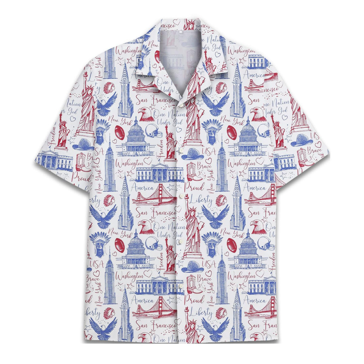 Hawaiian shirt with hand-drawn USA landmarks including Statue of Liberty, Capitol, and Golden Gate Bridge