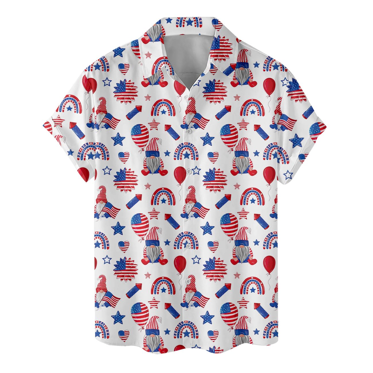 Hawaiian shirt with red-white-blue gnomes, flags, and patriotic decorations – perfect for 4th of July