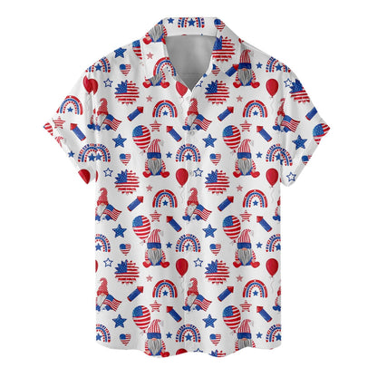 Hawaiian shirt with red-white-blue gnomes, flags, and patriotic decorations – perfect for 4th of July