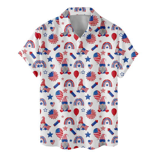 Hawaiian shirt with red-white-blue gnomes, flags, and patriotic decorations – perfect for 4th of July