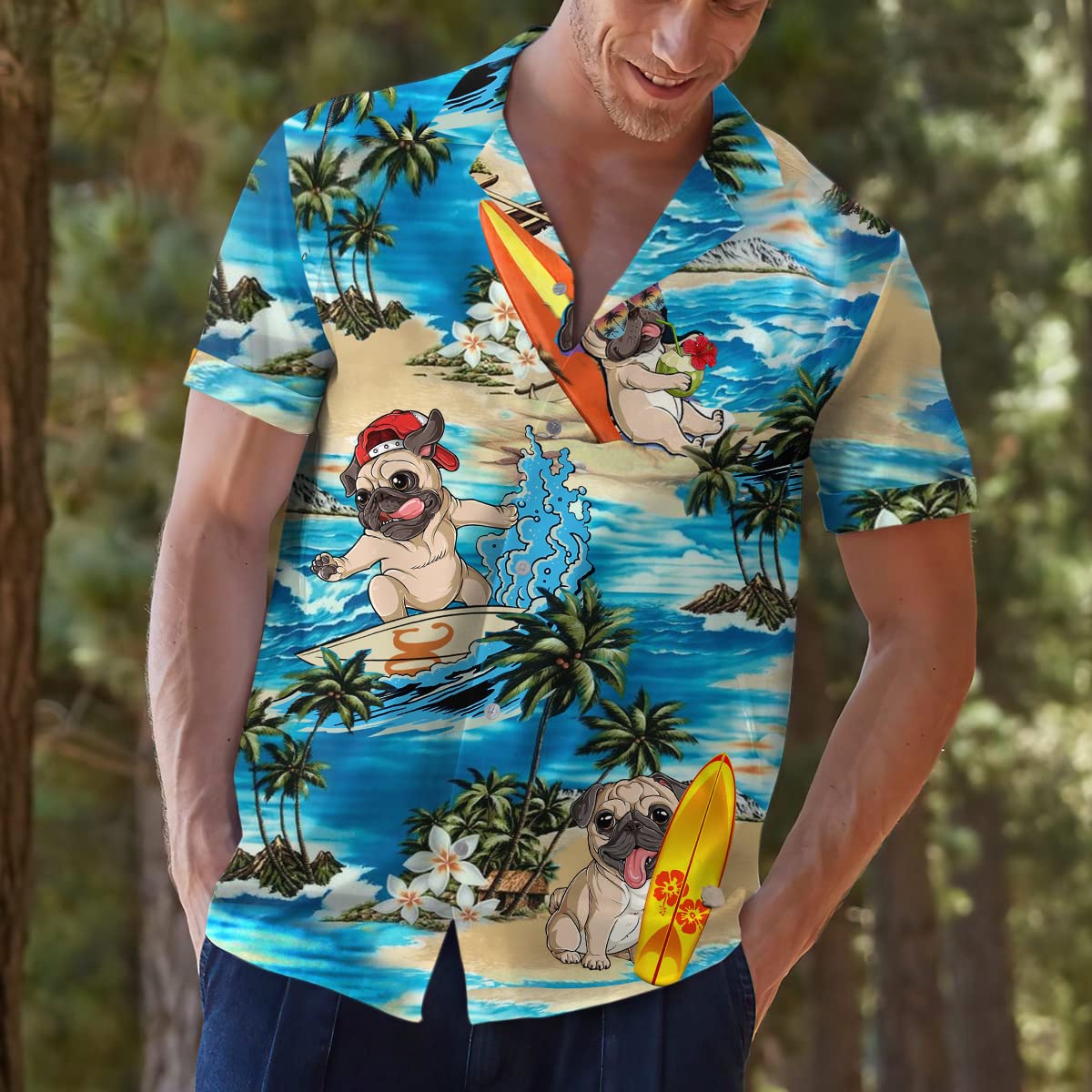 Hawaiian Pug Surfing Shirts, Mens Cotton Hawaiian Shirts