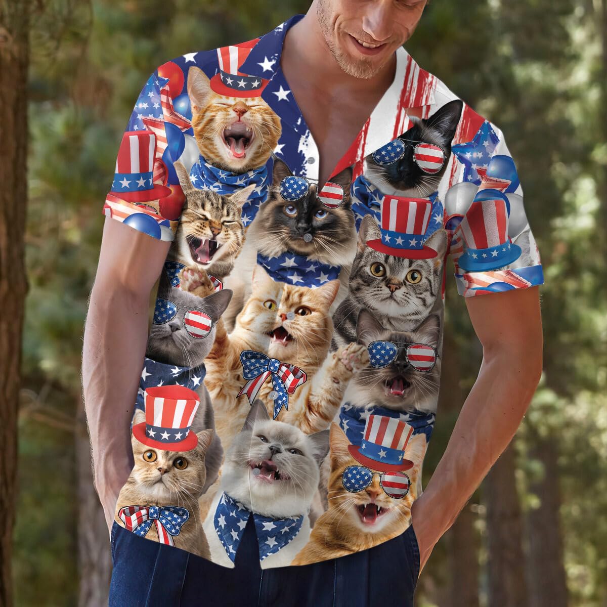 Funny USA Cat Button Down Hawaiian Shirt Men Women