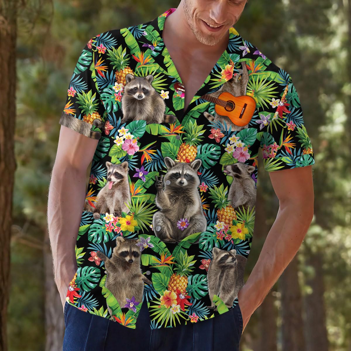 Funny Raccoon Man In Hawaiian Shirt, Button Down Shirt Men