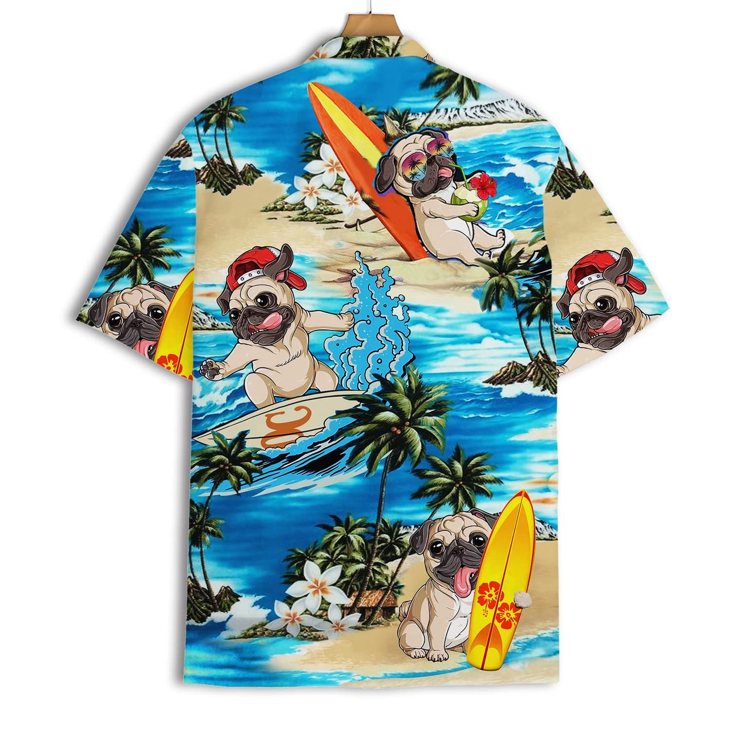 Hawaiian Pug Surfing Shirts, Mens Cotton Hawaiian Shirts