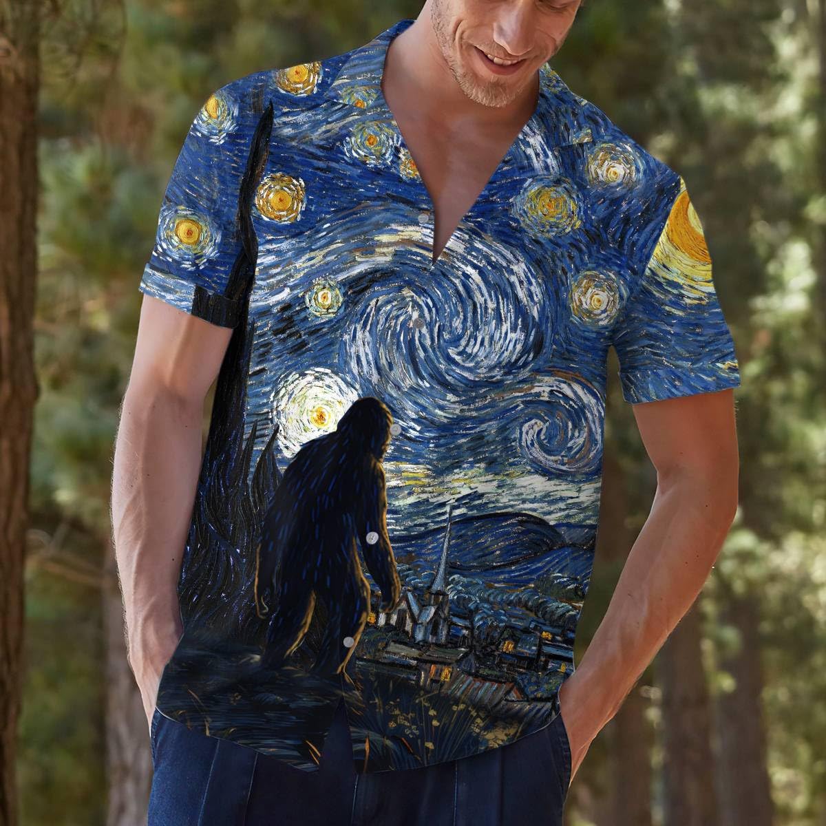 Bigfoot Starry Night Hawaiian Shirt, Button Down Shirt