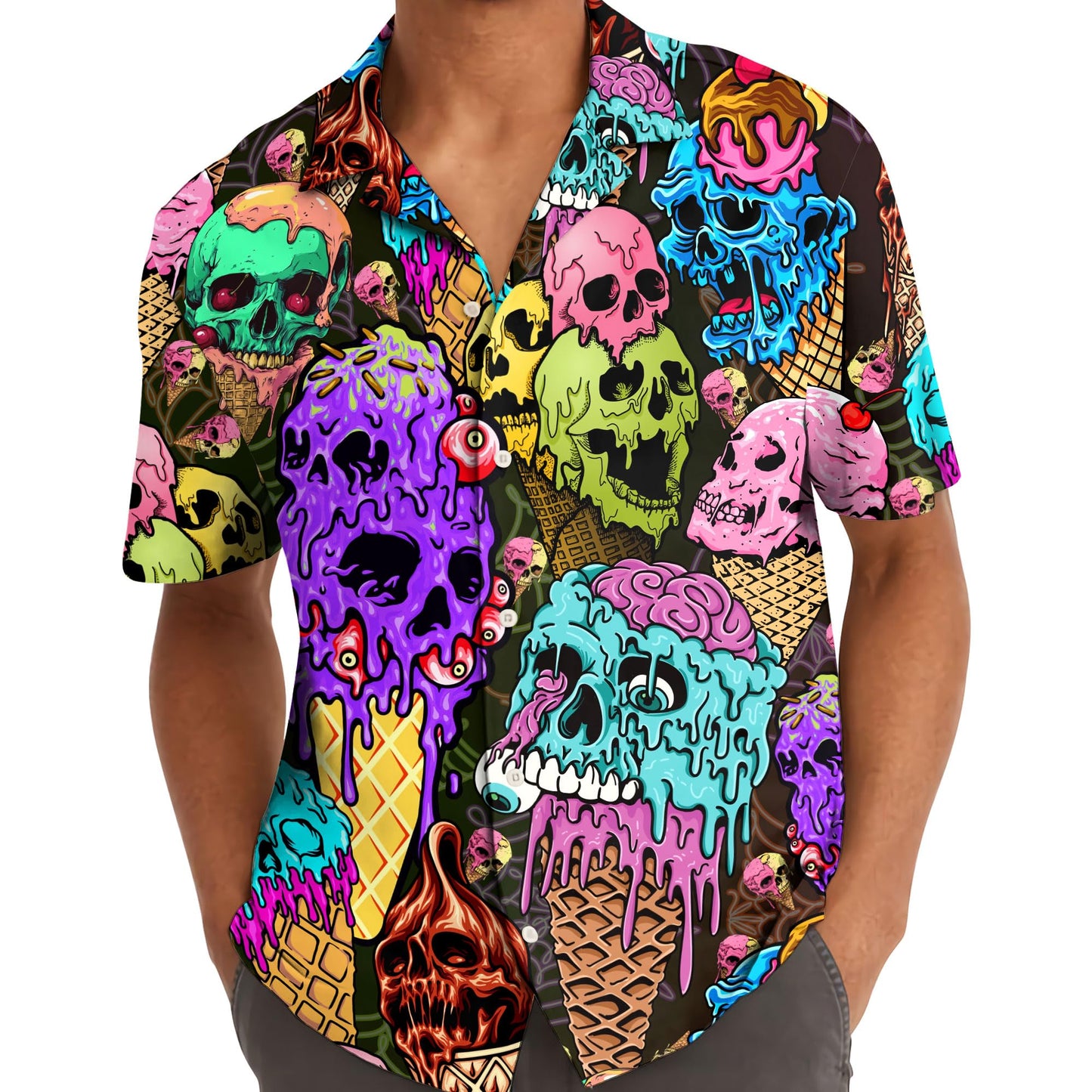 Hawaiian Ice Cream Skull Shirt for Men Casual Button Down Shirts