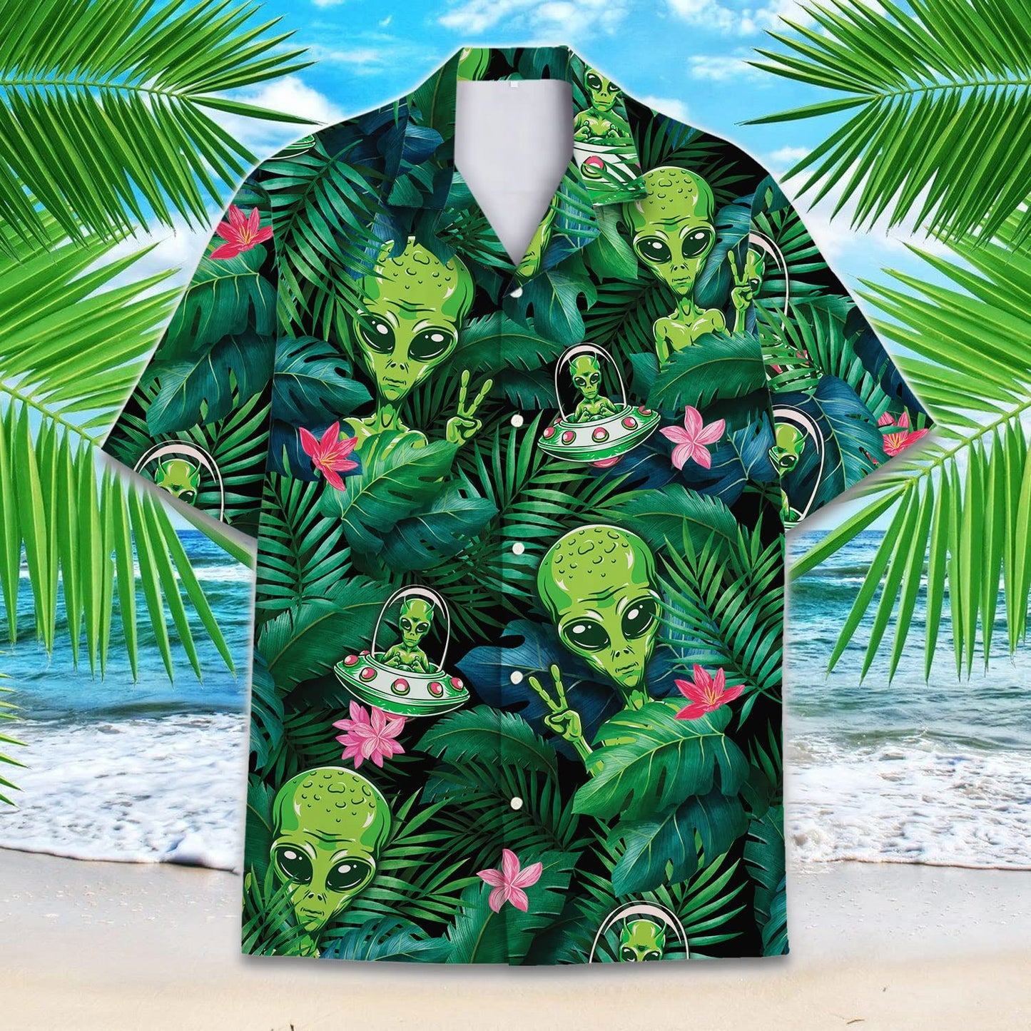 Funny Alien Hawaiian Shirts for Men Women, Short-Sleeve Casual Relaxed-Fit Button-Down