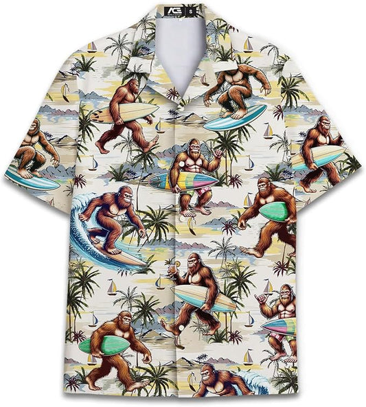 Funny Bigfoot surfing Hawaiian shirt with tropical design