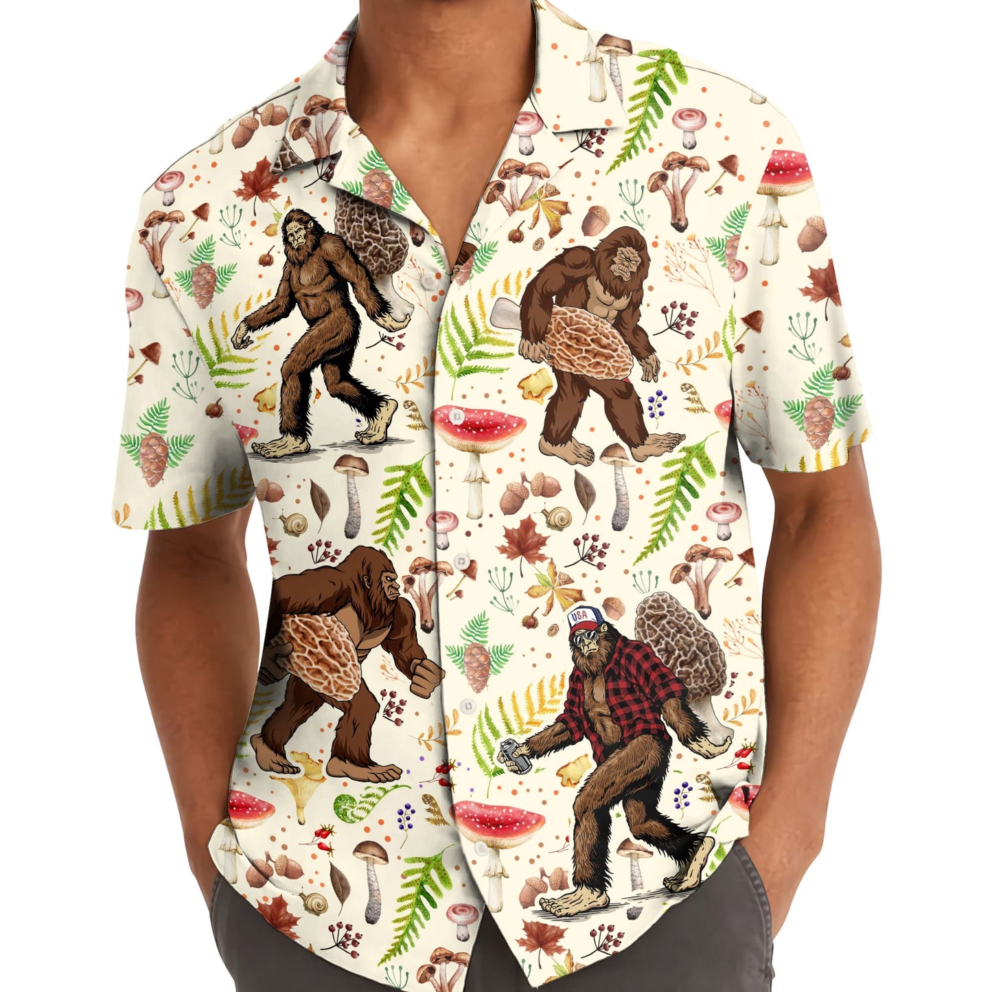 Bigfoot Mushroom Button Down Short Sleeve Holiday Summer Beach Tropical Bigfoot Surfing Hawaiian Shirt