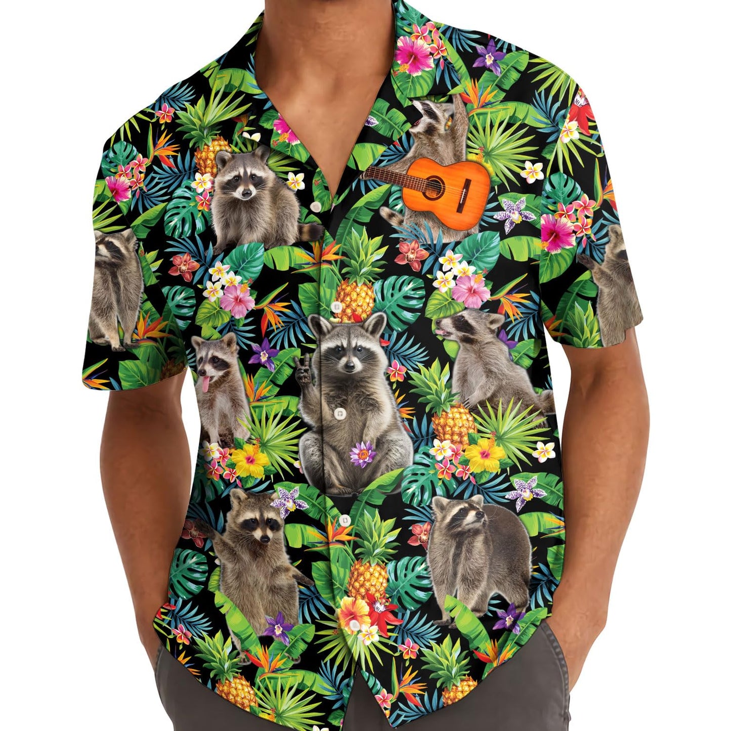 Funny Raccoon Man In Hawaiian Shirt, Button Down Shirt Men