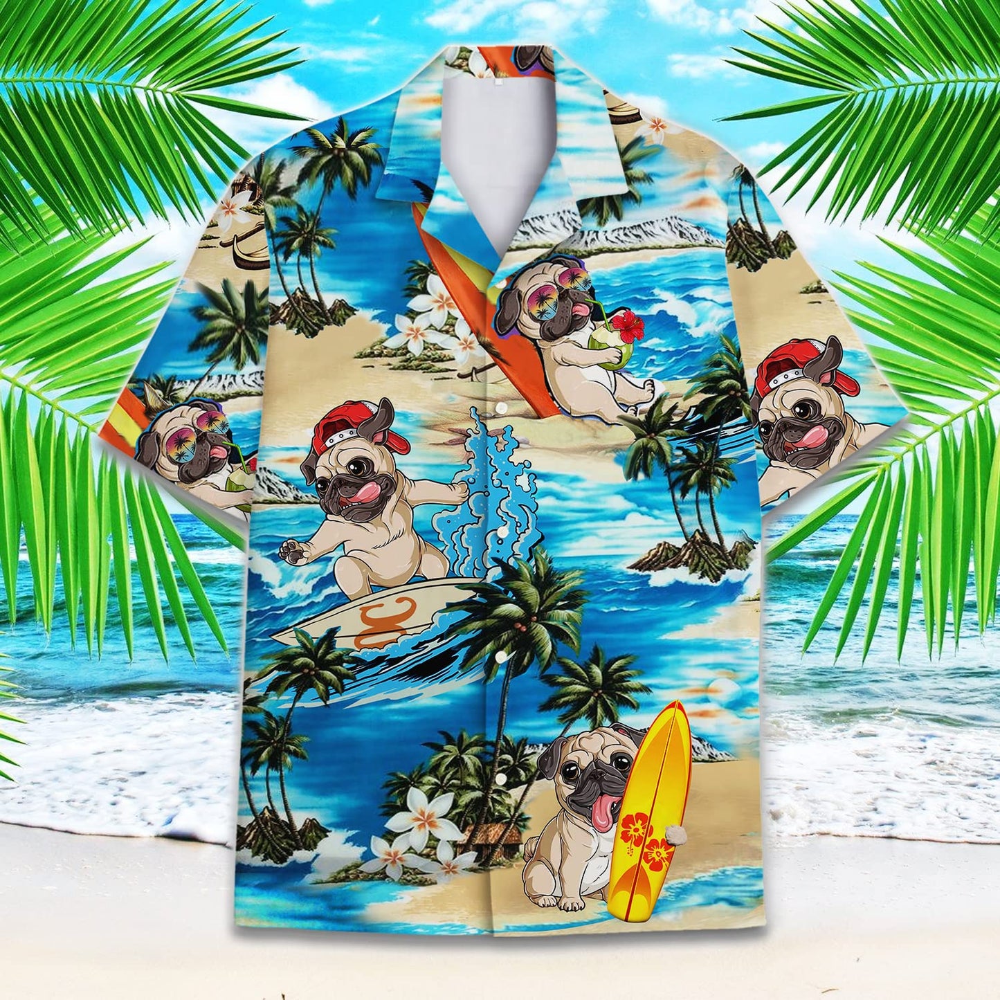 Hawaiian Pug Surfing Shirts, Mens Cotton Hawaiian Shirts