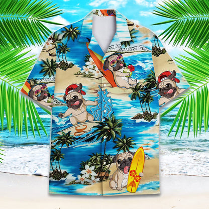 Hawaiian Pug Surfing Shirts, Mens Cotton Hawaiian Shirts