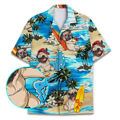 Hawaiian Pug Surfing Shirts, Mens Cotton Hawaiian Shirts