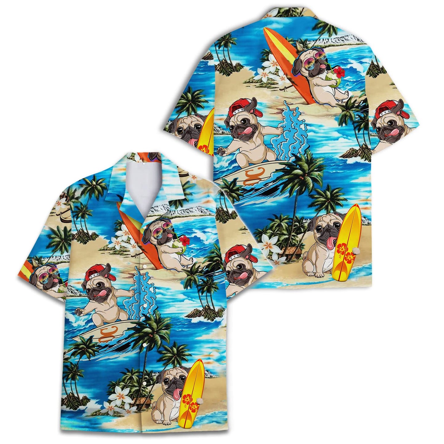 Hawaiian Pug Surfing Shirts, Mens Cotton Hawaiian Shirts