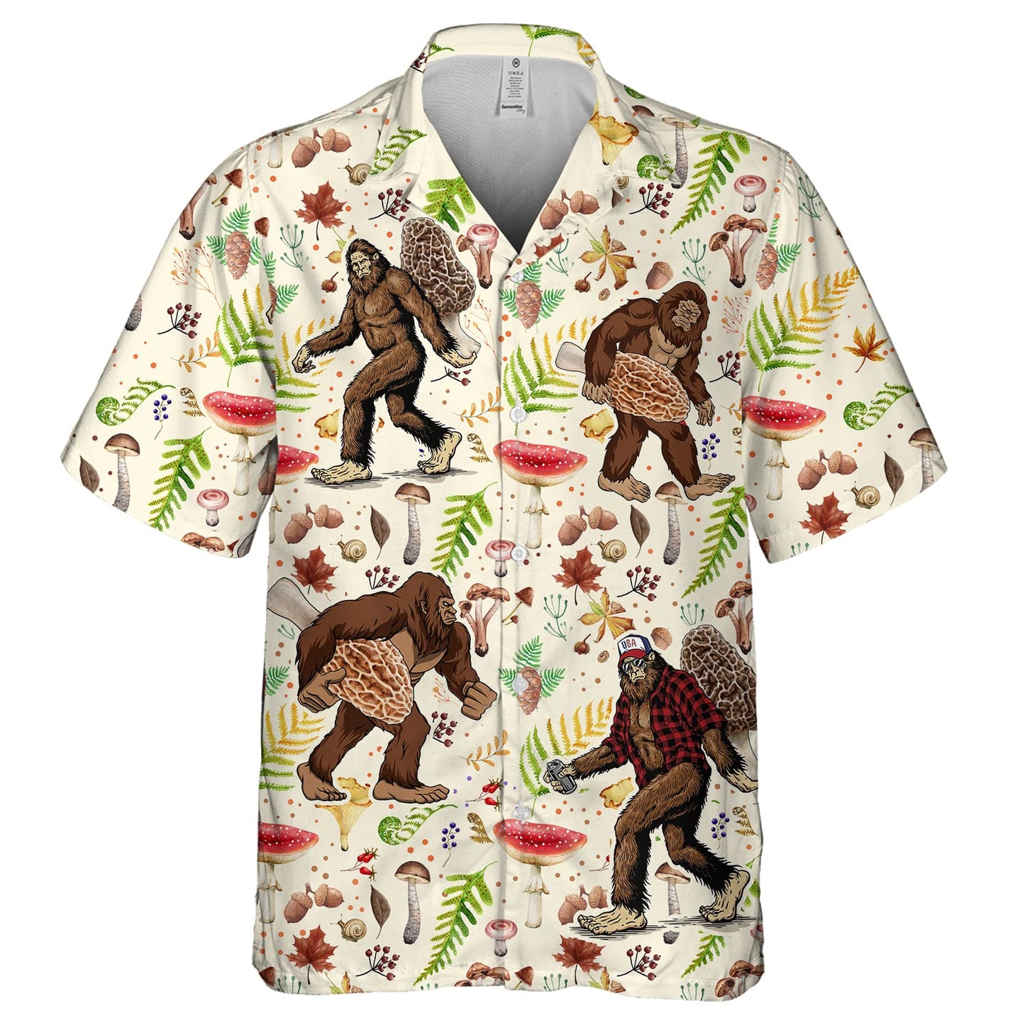 Bigfoot Mushroom Button Down Short Sleeve Holiday Summer Beach Tropical Bigfoot Surfing Hawaiian Shirt