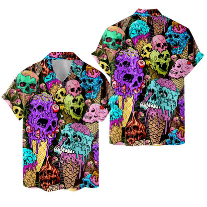 Hawaiian Ice Cream Skull Shirt for Men Casual Button Down Shirts