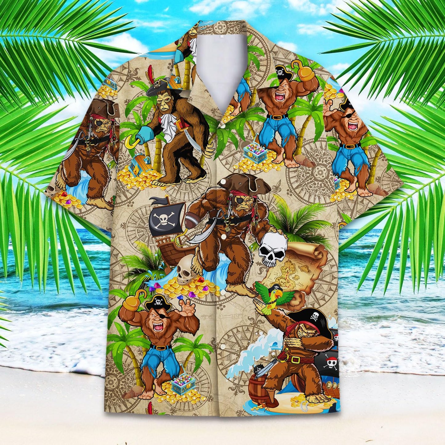 Bigfoot Pirate Hawaiian shirt, Bigfoot Hawaiian Shirt Mens Wowen