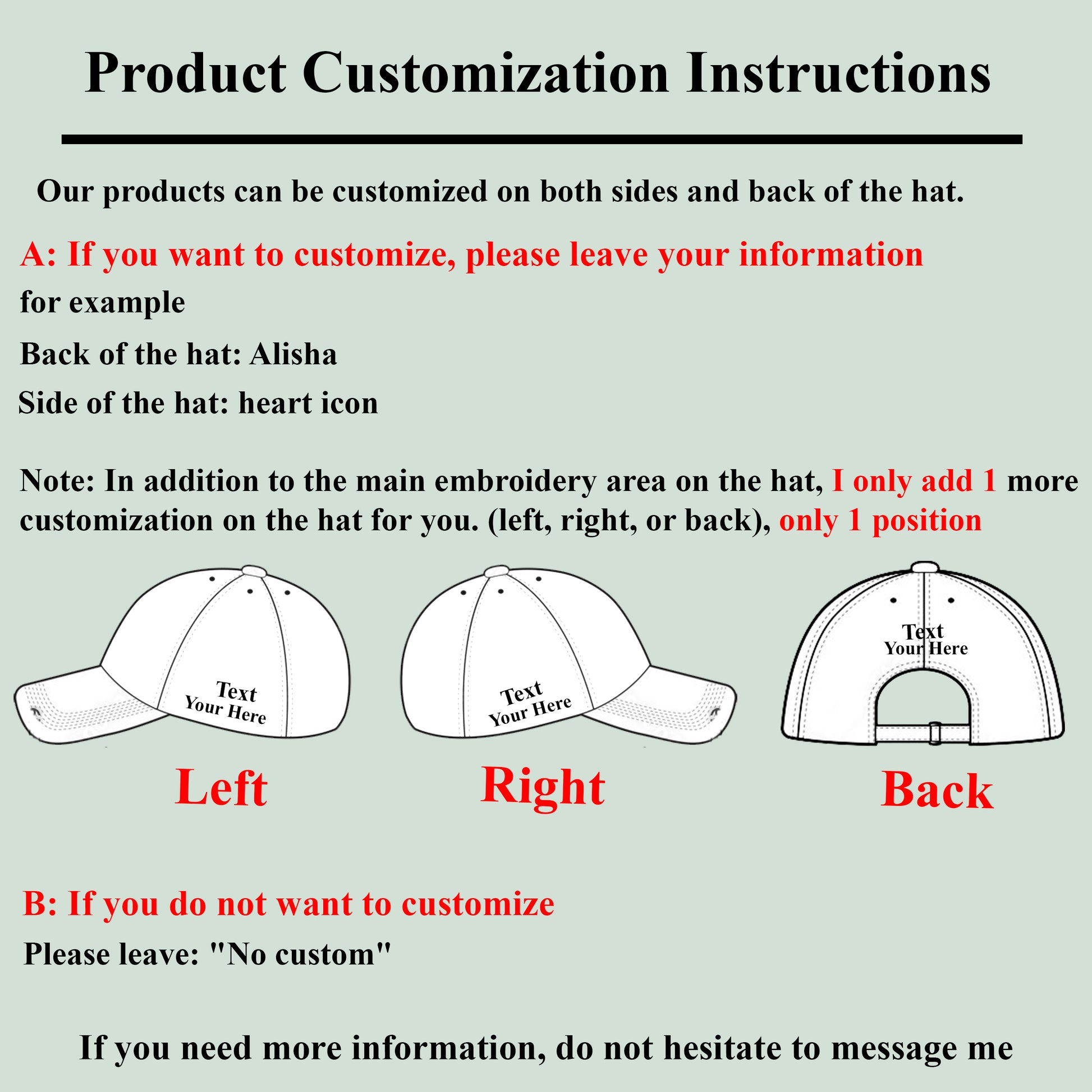 Instructions for customizing a hat with text and icons on sides and back, on a light gray background.