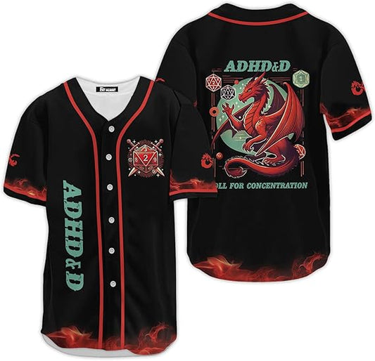 ADHD&D baseball jersey with red dragon, dice, and “Roll for Concentration” design in fantasy gamer style