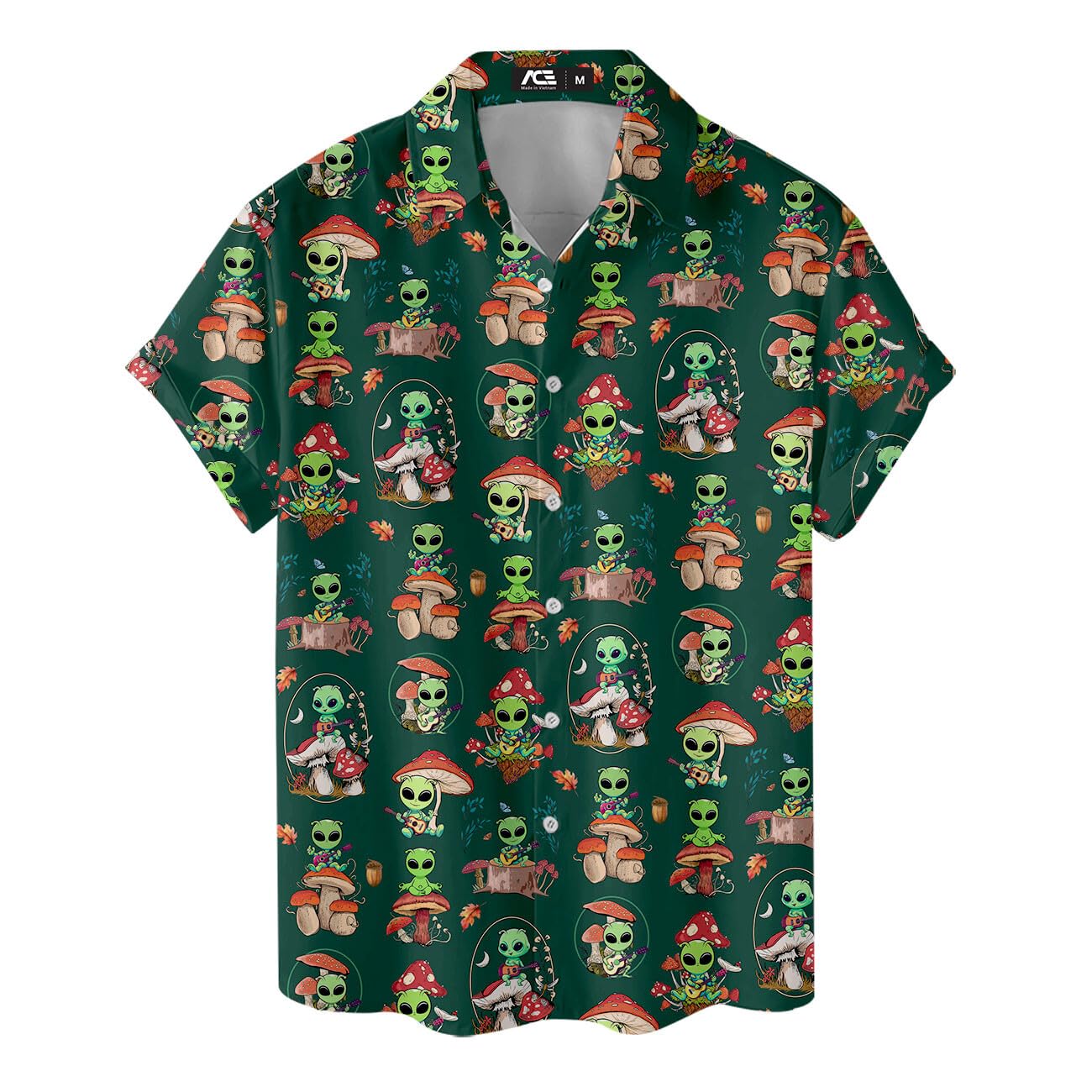 Hawaiian shirt with green aliens, mushrooms, and forest leaves on dark green background