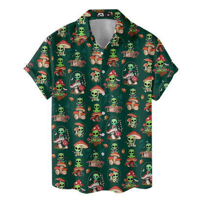 Hawaiian shirt with green aliens, mushrooms, and forest leaves on dark green background