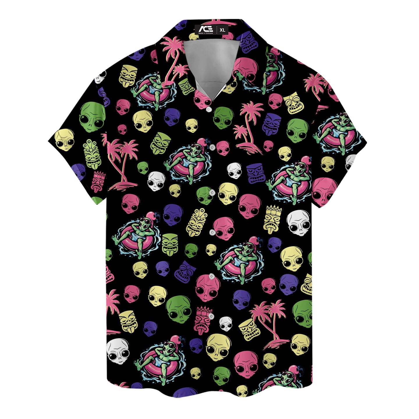 Alien floating on pool ring with colorful skulls on Hawaiian shirt – funny space summer theme