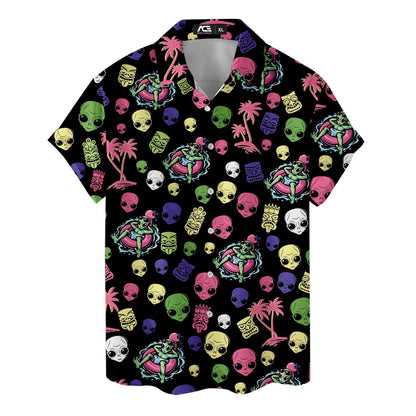 Alien floating on pool ring with colorful skulls on Hawaiian shirt – funny space summer theme