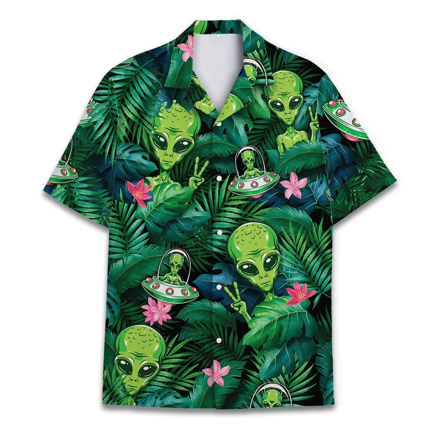 Hawaiian shirt with green aliens, flying saucers, and tropical jungle leaves