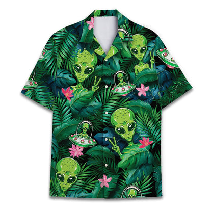 Hawaiian shirt with green aliens, flying saucers, and tropical jungle leaves
