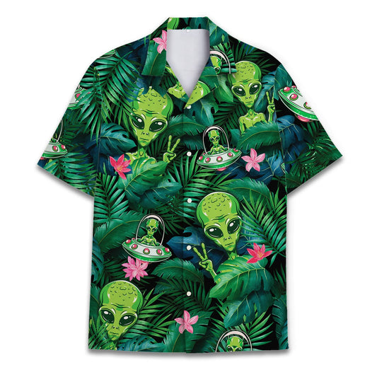 Hawaiian shirt with green aliens, flying saucers, and tropical jungle leaves