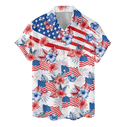 Hawaiian shirt with U.S. flags, fireworks, and red-white-blue hibiscus flowers for 4th of July celebrations