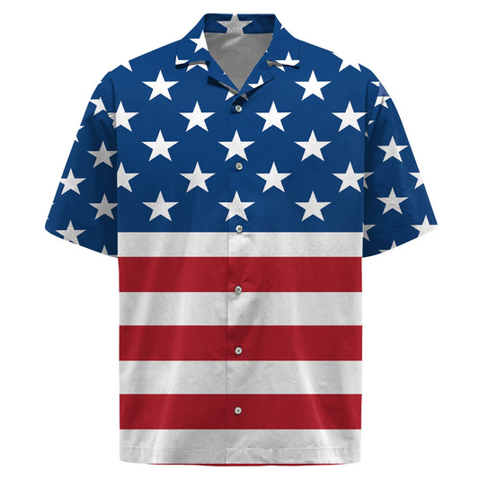 Hawaiian shirt with American flag design in red, white, and blue stars & stripes