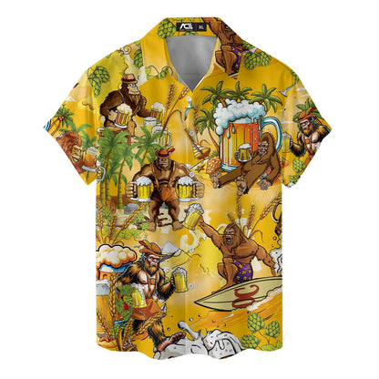 Hawaiian shirt with Bigfoot characters holding beer mugs on a yellow tropical background