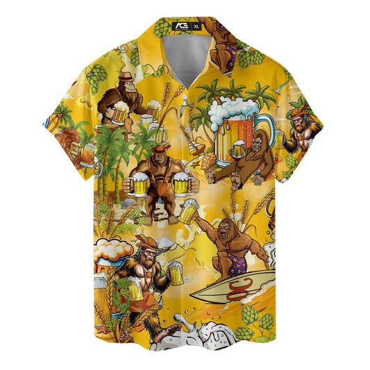 Hawaiian shirt with Bigfoot characters holding beer mugs on a yellow tropical background