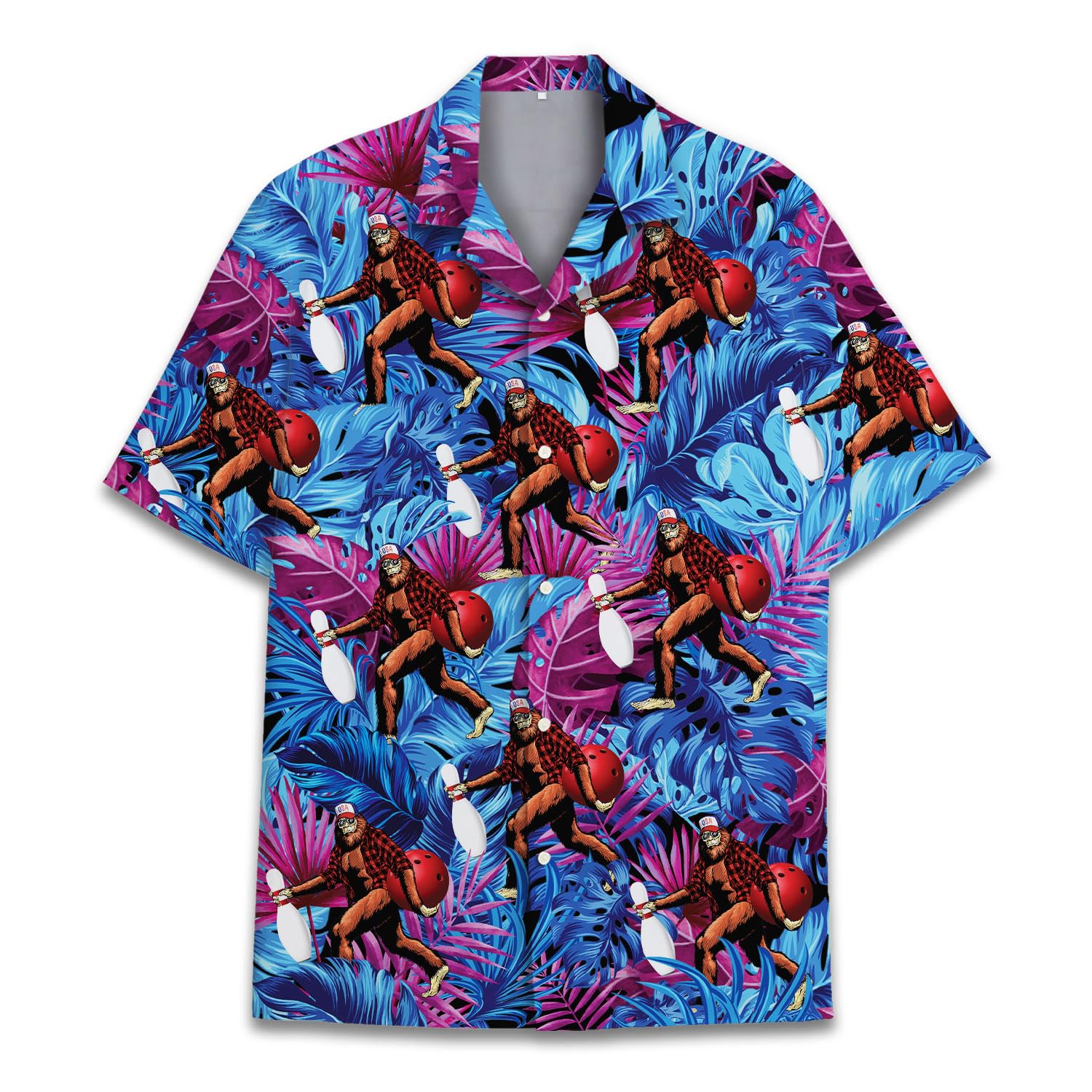 Hawaiian shirt with Bigfoot bowling illustrations on tropical purple and blue jungle background