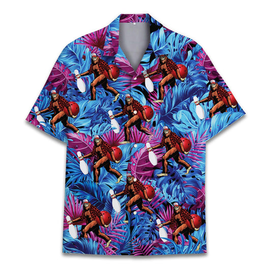 Hawaiian shirt with Bigfoot bowling illustrations on tropical purple and blue jungle background
