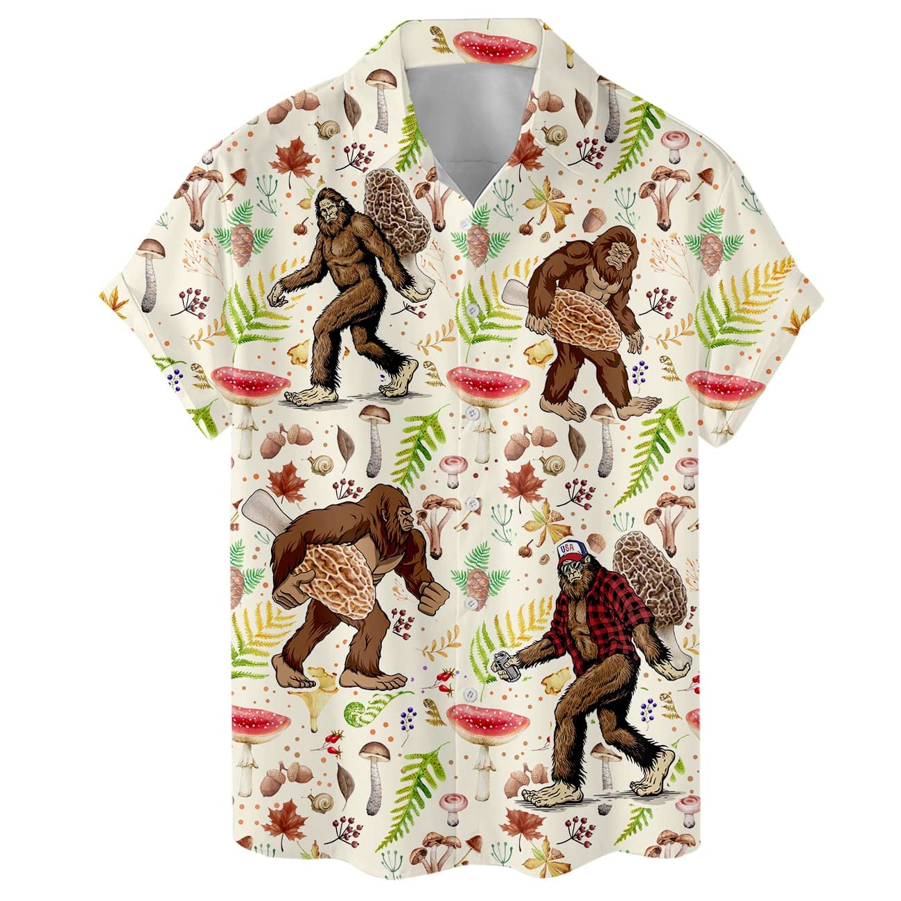Hawaiian shirt with Bigfoot holding morel mushrooms among forest leaves and fungi