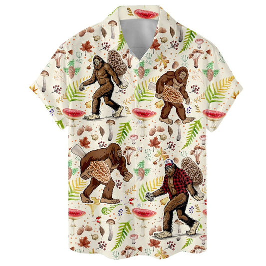Hawaiian shirt with Bigfoot holding morel mushrooms among forest leaves and fungi
