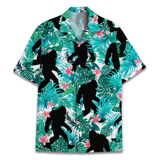 Hawaiian shirt with black Bigfoot silhouettes and green tropical leaves