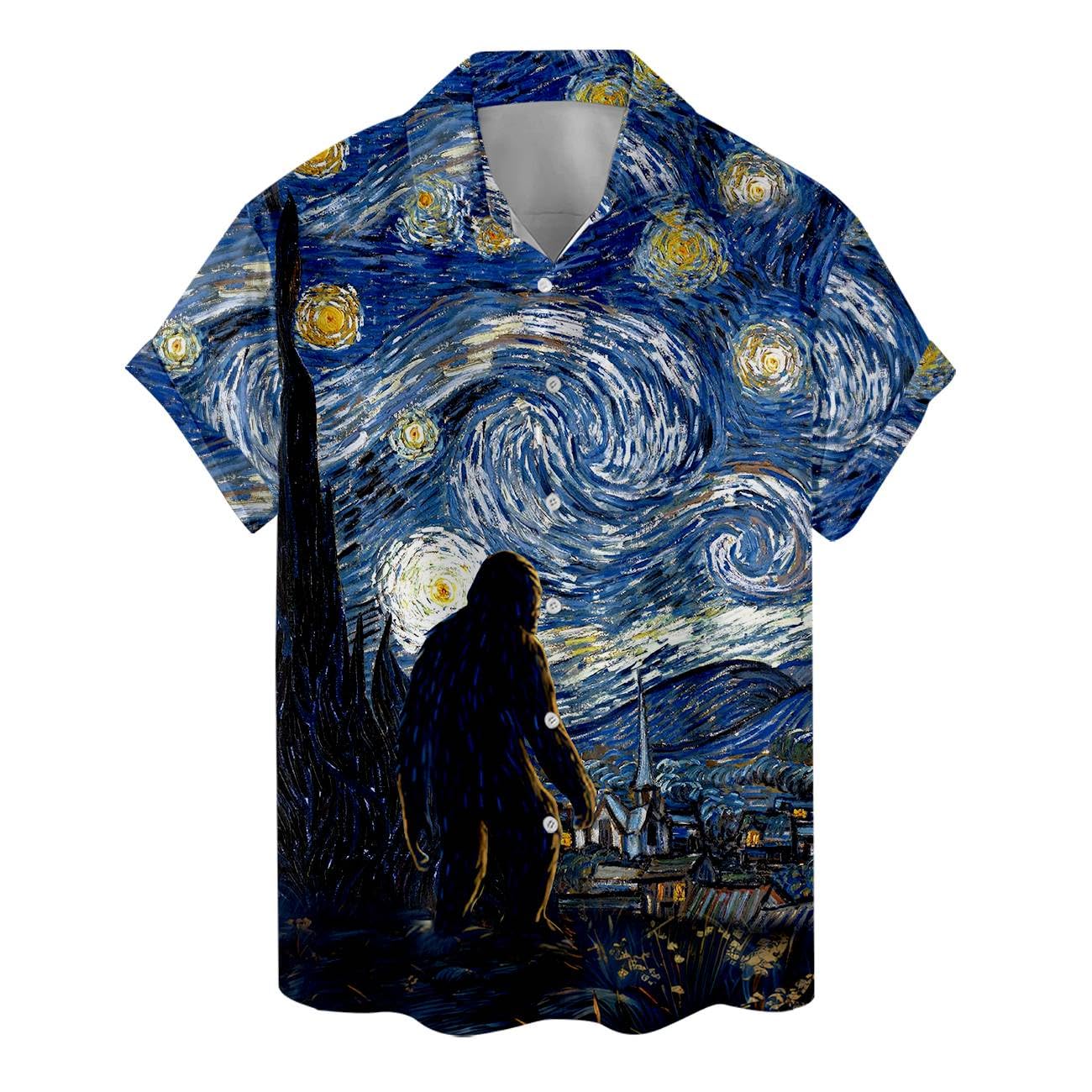 Bigfoot Hawaiian shirt with Van Gogh Starry Night background and silhouette of Sasquatch