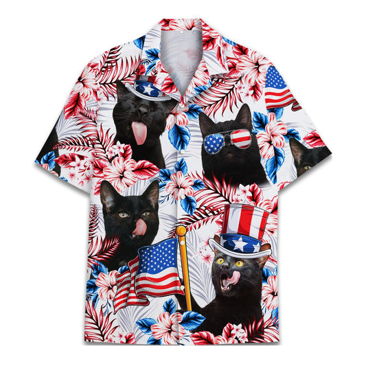 Black cat wearing USA hat and glasses on patriotic Hawaiian shirt