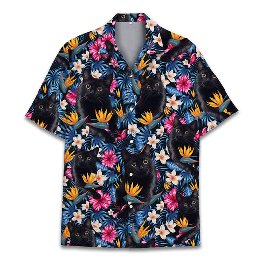 Hawaiian shirt with black cats surrounded by tropical flowers and leaves – perfect for cat lovers and summer outfits.