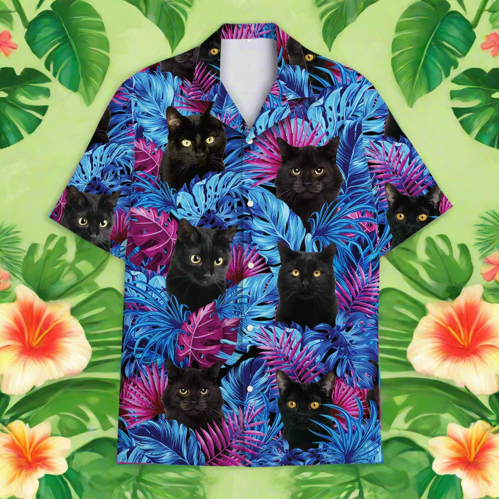 Hawaiian shirt with black cat faces and tropical purple and blue leaves, ideal for cat lovers and summer wear