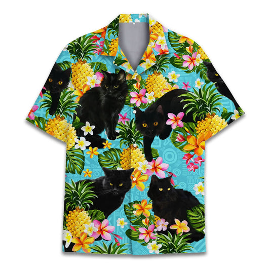 Hawaiian shirt with black cats, pineapples, and colorful tropical flowers on a bright aqua background – fun and summery.