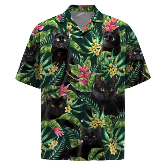 Hawaiian shirt with realistic black cats and tropical leaves