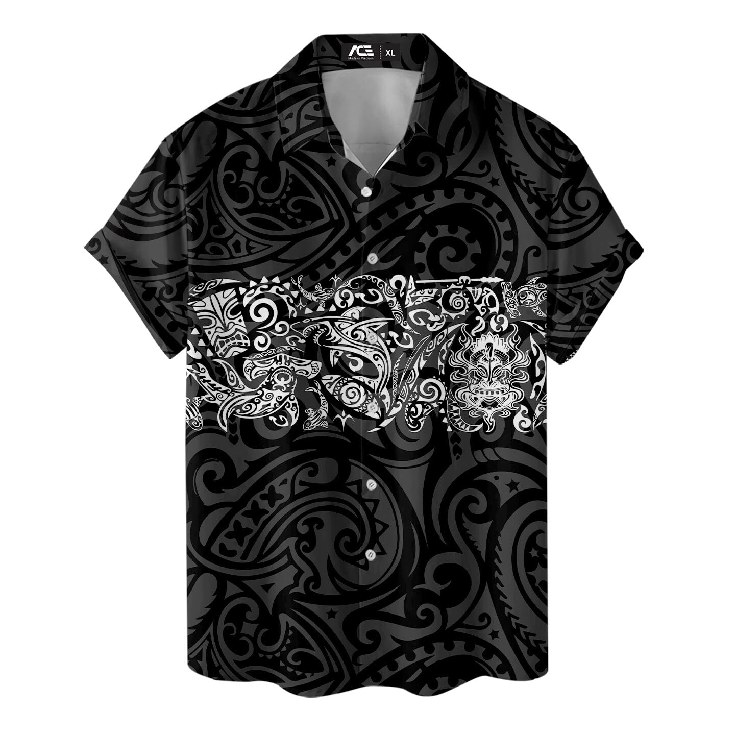 Black and white Hawaiian shirt with bold Polynesian tribal tattoo patterns for island wear