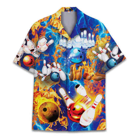 Colorful Hawaiian shirt with bowling balls, pins, fire, and lightning pattern – perfect for sport lovers