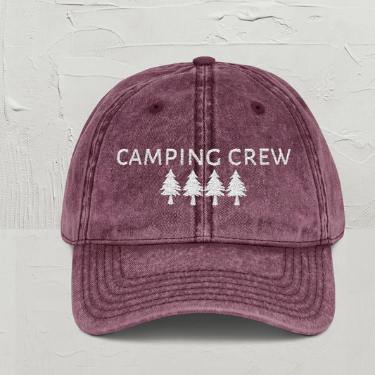 Maroon dad hat with “Camping Crew” text and pine trees embroidery – perfect for outdoor group adventures