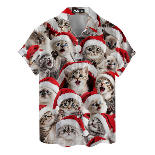 Funny Christmas Hawaiian shirt with adorable kittens wearing red Santa hats – perfect for festive cat lovers and holiday parties.